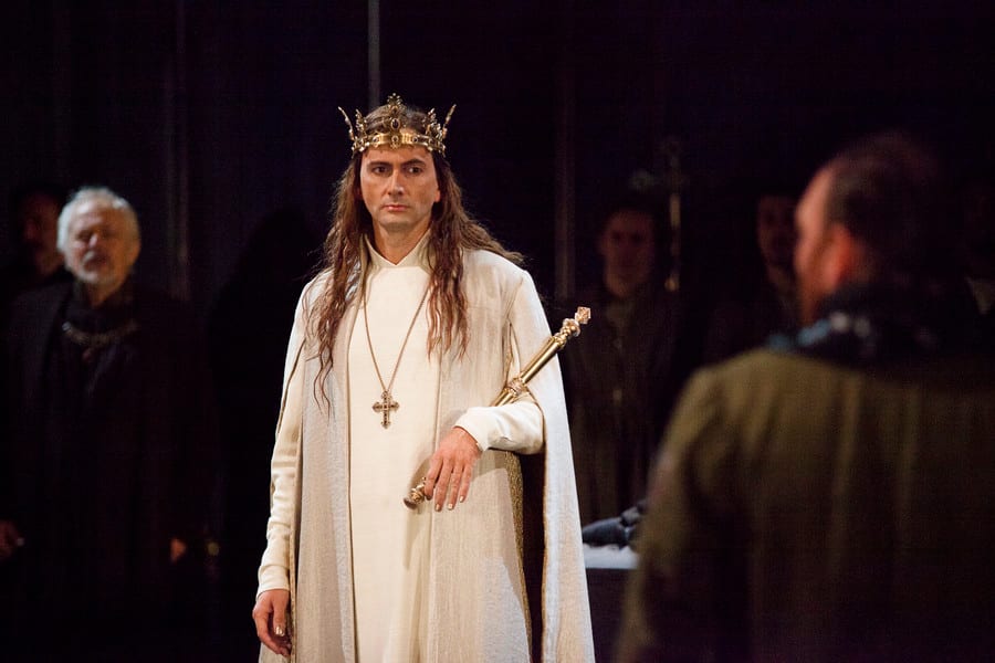 David Tennant wears a crown and white robes, starring in the title role of Richard the Second, an RSC production